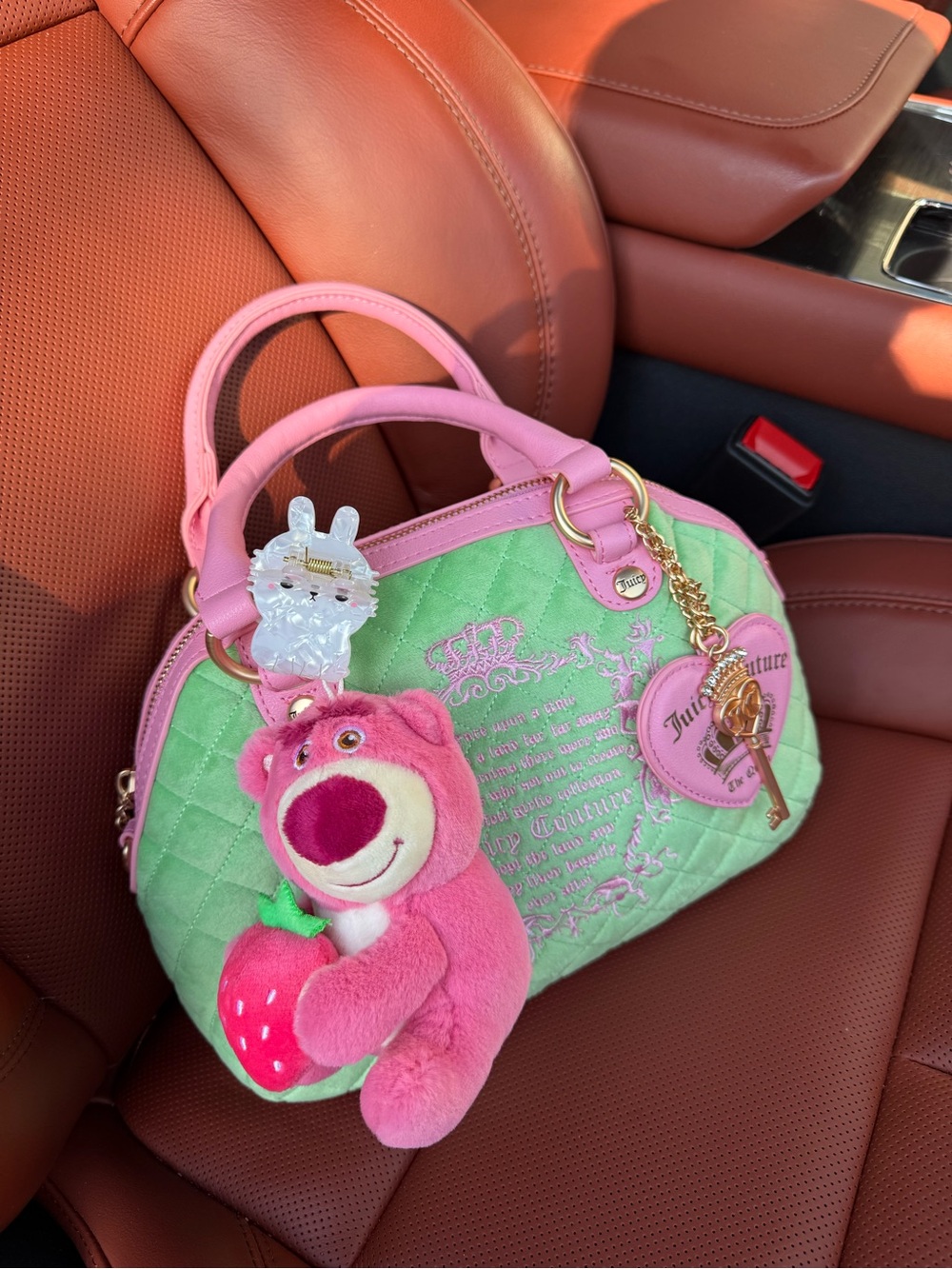 Juicy Couture Pink and Green Quilted Satchel with Plush Charm